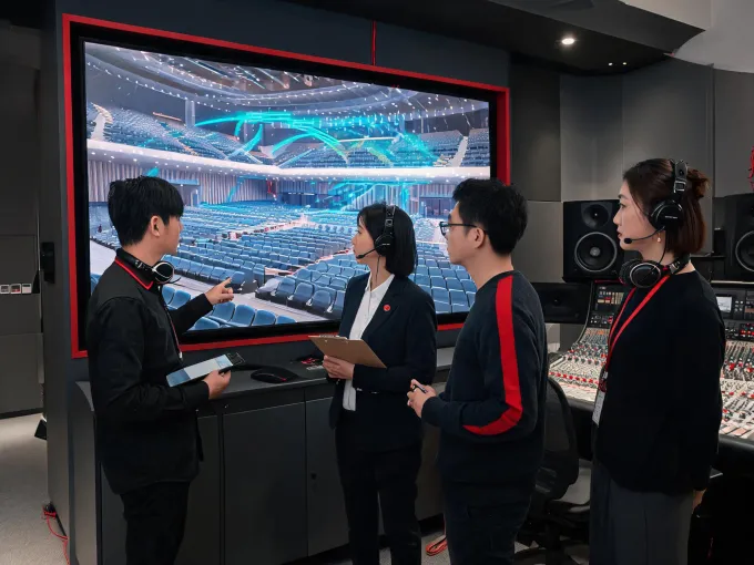 Audio system team reviewing venue model